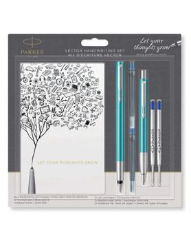 Zestaw piśmienniczy Parker Vector 2046839 w kolorze niebieskim. Pióro wieczne, długopis, wkłady i notes. Elegancki komplet idealny na prezent do biura lub szkoły.11.jpg